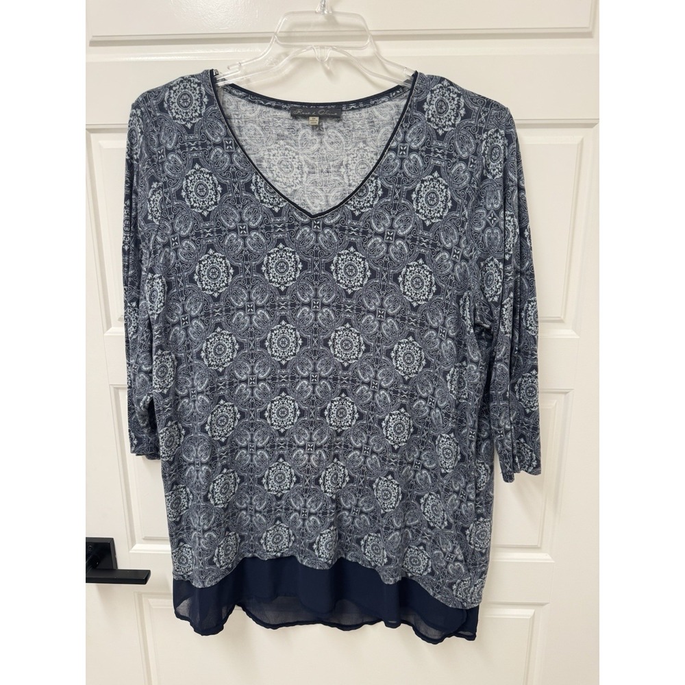 Rose & Olive 3X Top Blouse Blue Medallion Hi Lo Hem Chiffon Trim V-neck Bohemian